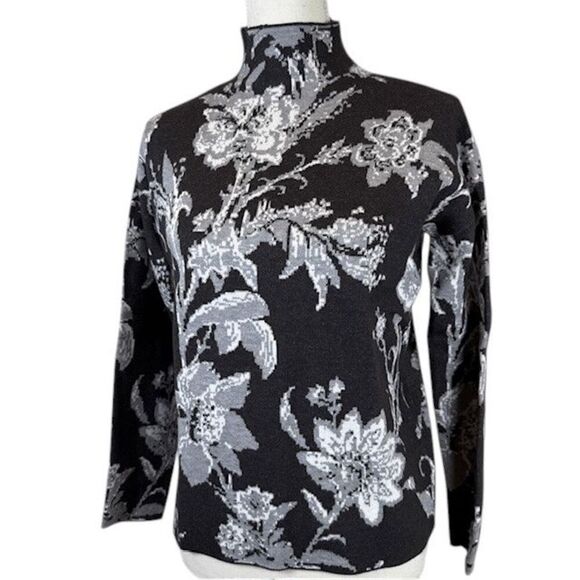 Cynthia Rowley Mock Neck Sweater Black Gray Floral Print Oversized XS - Picture 1 of 9